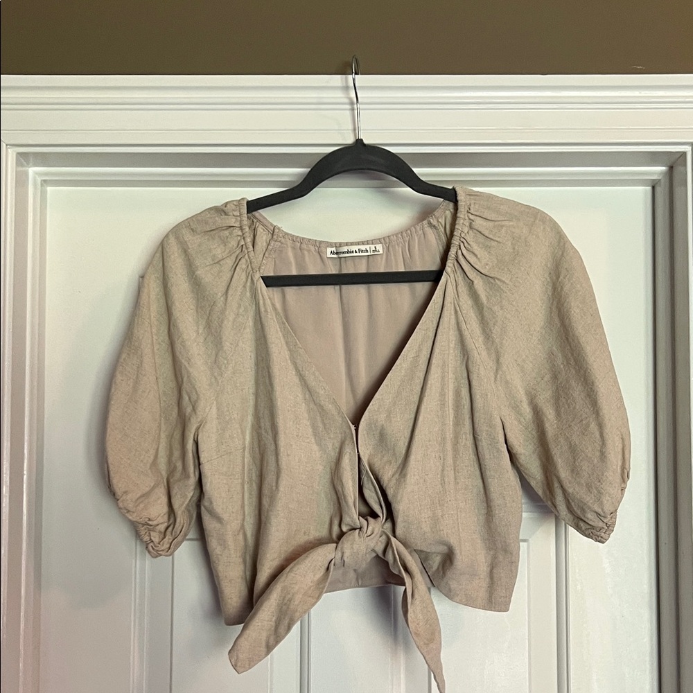 Abercrombie & Fitch Beige Puff Sleeve Tie-Front Blouse